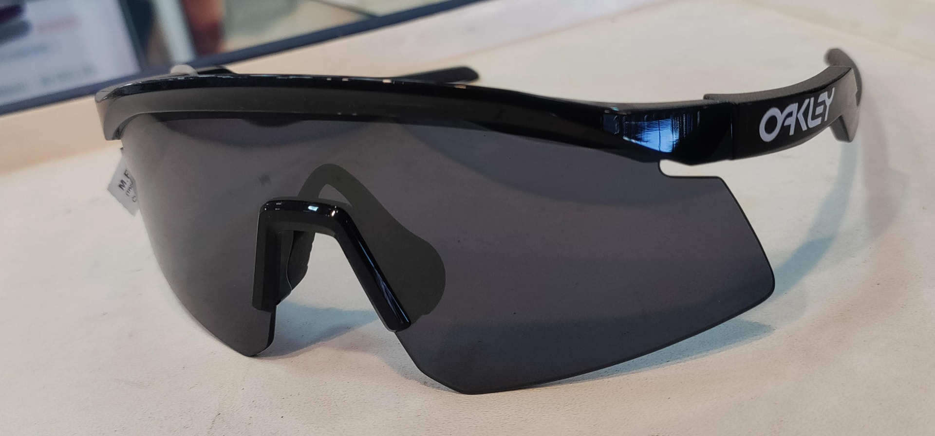 Black shield sports sunglasses with smoke lenses