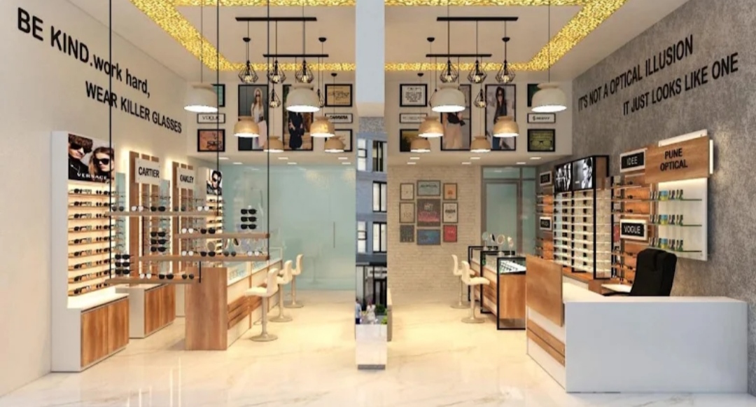 Spacious optical showroom with designer frame displays