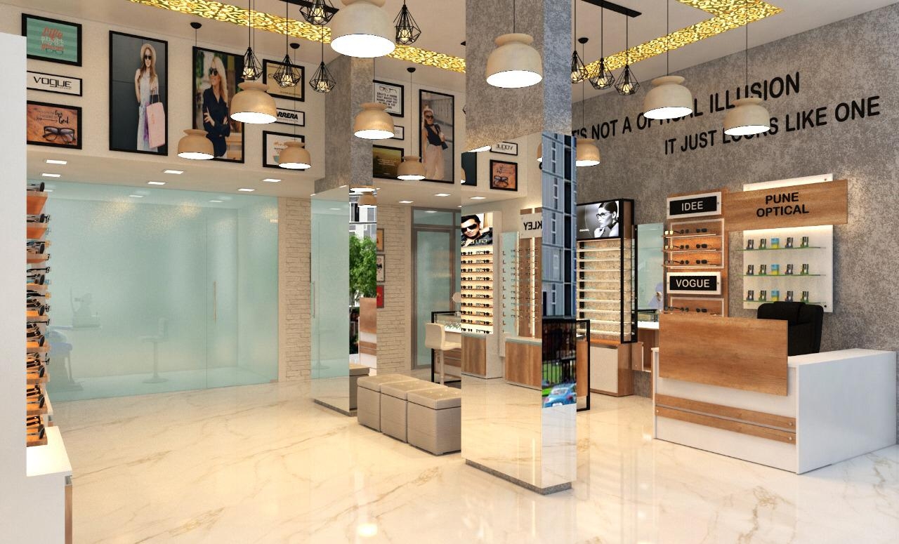 Spacious optical showroom interior with marble flooring