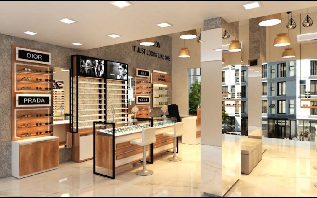 Premium eyewear showroom counter at Shree Optics