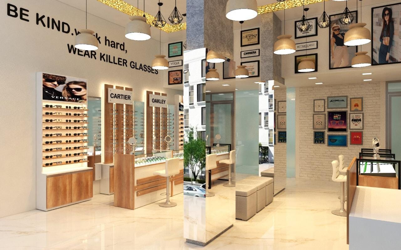 Premium eyewear showroom display at Shree Optics in Parmar Square, Kharadi