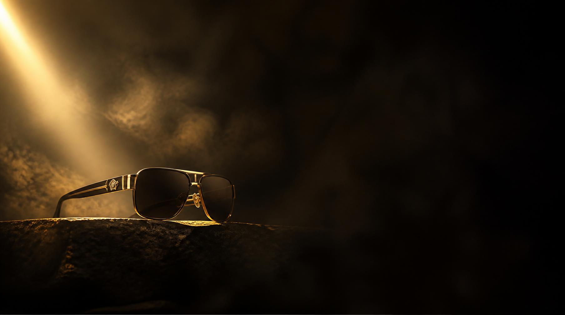Cinematic view of premium sunglasses lit by warm gold light